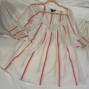 Banana Republic Semi-Sheer White Blouse with Red Stripes and Crochet Trim